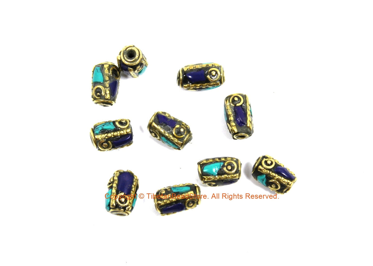 10 BEADS Tibetan Lapis, Turquoise, Brass Inlay Tube Beads ...