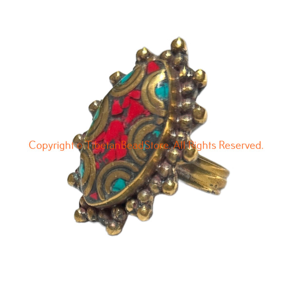 Beautiful Handmade Tibetan Statement Ring with Turquoise & Coral Inlays - 5.75 (U.S. Size) - Ethnic Ring - R347