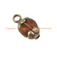 Ethnic Tibetan Old Carnelian Melon-Shaped Charm Pendant with Wire Inlay & Repousse Floral Caps - WM7473A