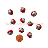 2 BEADS - Handmade Ethnic Tibetan Red Crackle Resin Beads with Repousse Floral Tibetan Silver Caps - B3418-2