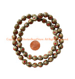 2 BEADS - Handmade Ethnic Tibetan Beads with Brass & Coral Inlays - B3420A-2