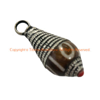 Tibetan Dzi Design Resin Charm Pendant with Repousse Tibetan Silver Caps & Bead Accent - WM6515C-1