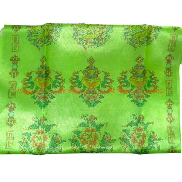 Green Multicolor Silk Tibetan Khata Prayer Scarf with 8 Auspicious Symbols - HC109