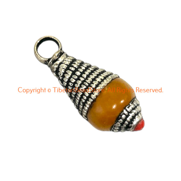 Tibetan Amber Color Resin Charm Pendant with Repousse Tibetan Silver Caps & Bead Accent - WM6515E-1