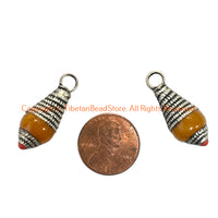 2 Pendants - Tibetan Amber Color Resin Charm Pendants with Repousse Tibetan Silver Caps & Bead Accent - WM6515E-2