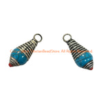 2 Pendants - Tibetan Blue Crackle Resin Charm Pendants with Repousse Tibetan Silver Caps & Bead Accent - WM6515D-2