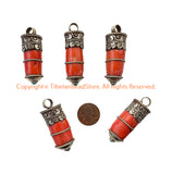 LARGE Ethnic Tribal Tibetan Coral Stick Pendant with Tibetan Silver Repousse Floral Repousse Caps - Handmade Red Coral Pendant - WM6502