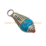 2 Pendants - Tibetan Blue Crackle Resin Charm Pendants with Repousse Tibetan Silver Caps & Bead Accent - WM6515D-2