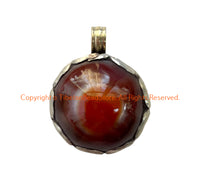 Handmade Tibetan Agate Pendant with Repousse Tibetan Silver Floral Details - WM6505G