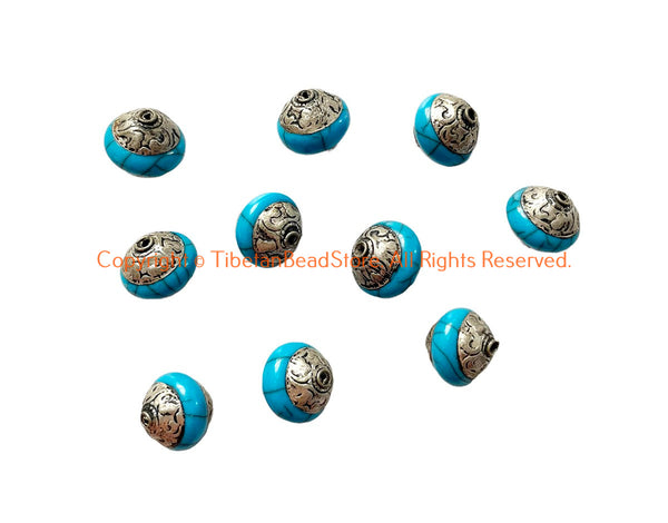 10 BEADS - Handmade Ethnic Tibetan Blue Crackle Resin Beads with Repousse Floral Tibetan Silver Caps - B3419-10