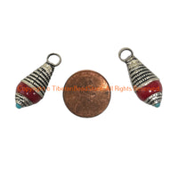 Tibetan Red Coral Resin Charm Pendant with Tibetan Silver Caps & Blue Bead Accent - WM6515A-1