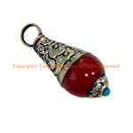 Tibetan Red Coral Resin Drop Charm Pendant with Repousse Tibetan Silver Caps & Blue Bead Accent - WM6515G-1