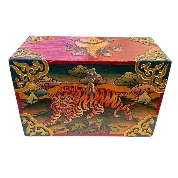 Handcrafted Painted Tiger Carved Tibetan Box - HC39