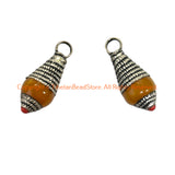 Tibetan Amber Color Resin Charm Pendant with Repousse Tibetan Silver Caps & Bead Accent - WM6515E-1