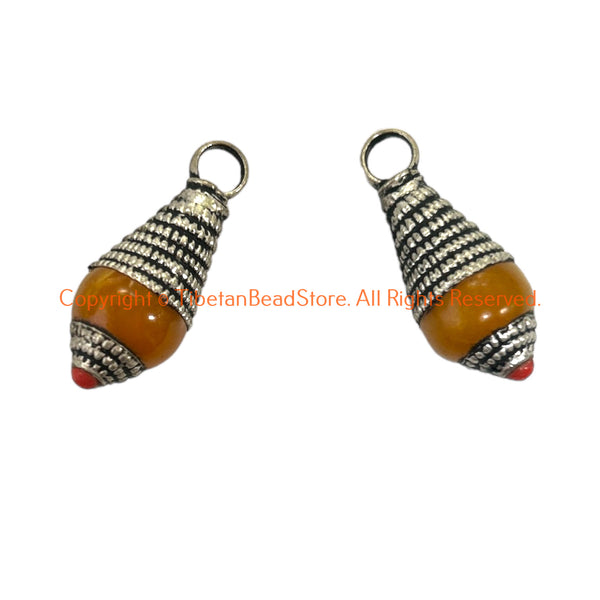 2 Pendants - Tibetan Amber Color Resin Charm Pendants with Repousse Tibetan Silver Caps & Bead Accent - WM6515E-2
