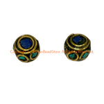 2 BEADS - Handmade Ethnic Tibetan Beads with Lapis & Turquoise Inlays - Reversible Disc Beads - B3420C-2