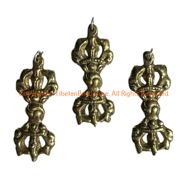 3 Pendants - Tibetan Brass Vajra Dorje Charm Pendants - Tibetan Jewelry - WM8022-3