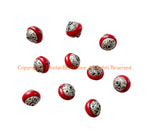 10 BEADS - Handmade Ethnic Tibetan Red Crackle Resin Beads with Repousse Floral Tibetan Silver Caps - B3418-10