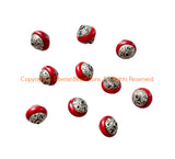 2 BEADS - Handmade Ethnic Tibetan Red Crackle Resin Beads with Repousse Floral Tibetan Silver Caps - B3418-2