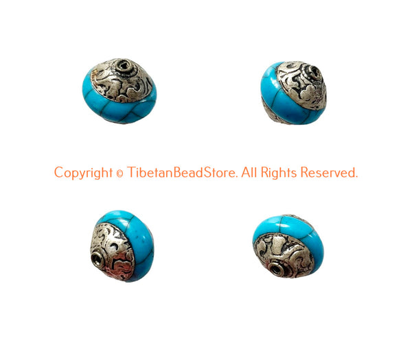 4 BEADS - Handmade Ethnic Tibetan Blue Crackle Resin Beads with Repousse Floral Tibetan Silver Caps - B3419-4