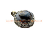 Handmade Tibetan Agate Pendant with Repousse Tibetan Silver Floral Details - WM6505i