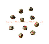 4 BEADS - Handmade Ethnic Tibetan Beads with Brass & Coral Inlays - B3420A-4