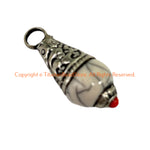 Tibetan White Crackle Resin Charm Pendant with Tibetan Silver Caps & Coral Accent - WM6515K-1