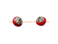 2 BEADS - Handmade Ethnic Tibetan Red Crackle Resin Beads with Repousse Floral Tibetan Silver Caps - B3418-2