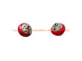 2 BEADS - Handmade Ethnic Tibetan Red Crackle Resin Beads with Repousse Floral Tibetan Silver Caps - B3418-2