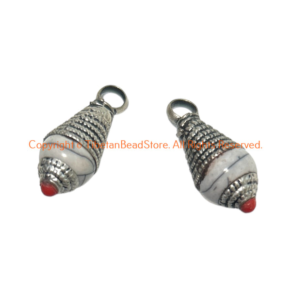 2 Pendants - Tibetan White Crackle Resin Charm Pendants with Tibetan Silver Caps & Bead Accent - WM6515B-2