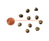 2 BEADS - Handmade Ethnic Tibetan Beads with Brass & Coral Inlays - B3420A-2