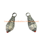 2 Pendants - Tibetan White Crackle Resin Drop Charm Pendants with Tibetan Silver Caps & Coral Accent - WM6515K-2