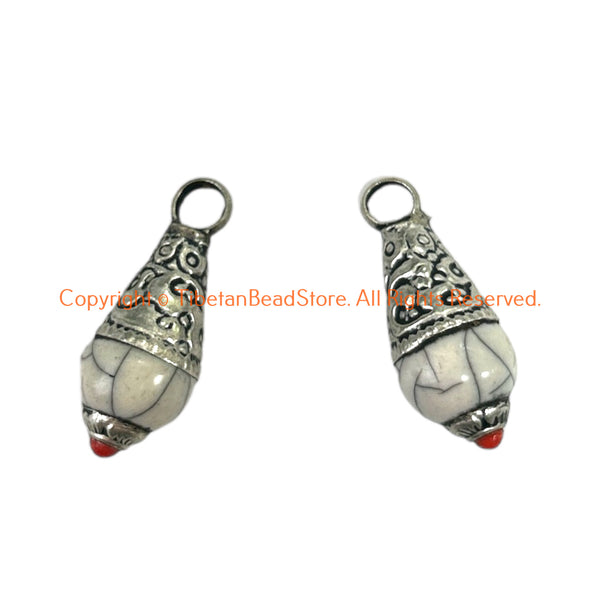 2 Pendants - Tibetan White Crackle Resin Drop Charm Pendants with Tibetan Silver Caps & Coral Accent - WM6515K-2