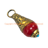 Tibetan Red Coral Resin Drop Charm Pendant with Repousse Brass Floral Caps & Blue Bead Accent - WM6515F-1