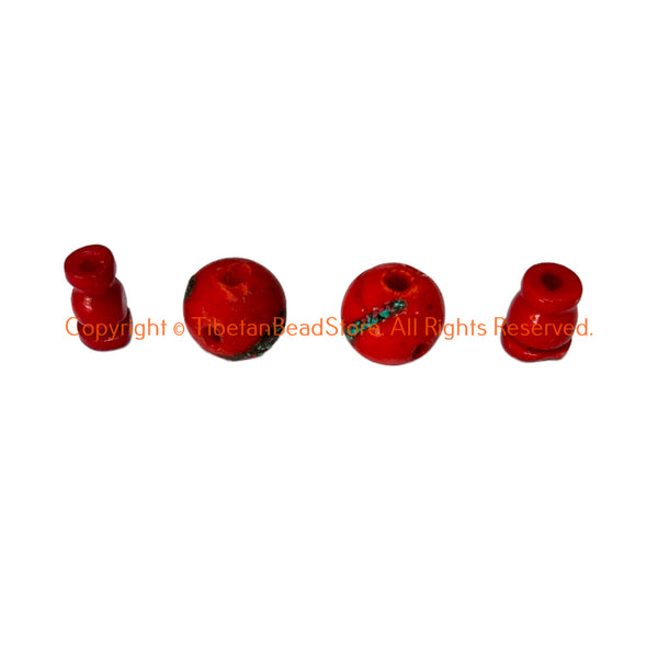 2 SETS - Tibetan Inlaid Red Bone Guru Bead Sets - Inlay Bone Guru Beads & Caps - Mala Making Supply 3 Hole Guru Beads - GB123R