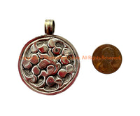 Handmade Tibetan Agate Pendant with Repousse Tibetan Silver Floral Details - WM6505H