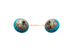 2 BEADS - Handmade Ethnic Tibetan Blue Crackle Resin Beads with Repousse Floral Tibetan Silver Caps - B3419-2