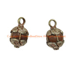 2 PENDANTS - Ethnic Tibetan Old Carnelian Gemstone Charm Pendants with Repousse Tibetan Silver Floral Caps - WM7455Ba-2