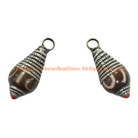 2 PENDANTS - Tibetan Dzi Design Resin Charm Pendants with Repousse Tibetan Silver Caps & Bead Accent - WM6515C-2