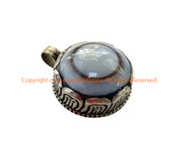 Handmade Tibetan Agate Pendant with Repousse Tibetan Silver Floral Details - WM6505D