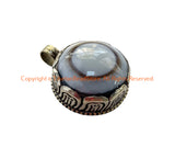 Handmade Tibetan Agate Pendant with Repousse Tibetan Silver Floral Details - WM6505D