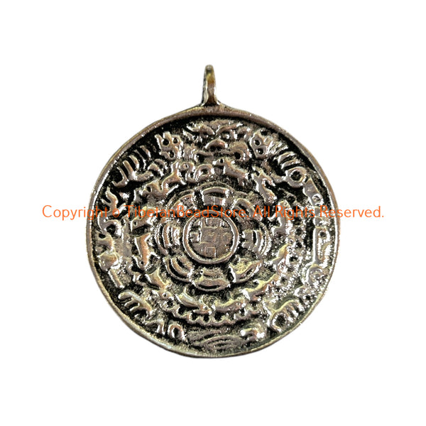 Medium Size Tibetan Calendar Timeline Wheel Solid Silver-Plated Brass Charm Pendant - WM8020M-1