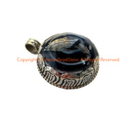 Handmade Tibetan Agate Pendant with Repousse Tibetan Silver Floral Details - WM6505C