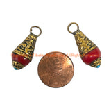 Tibetan Red Coral Resin Drop Charm Pendant with Repousse Brass Floral Caps & Blue Bead Accent - WM6515F-1