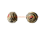 2 BEADS - Handmade Ethnic Tibetan Beads with Brass & Coral Inlays - B3420A-2