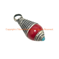 Tibetan Red Coral Resin Charm Pendant with Tibetan Silver Caps & Blue Bead Accent - WM6515A-1