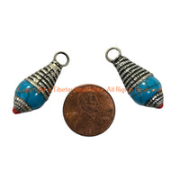 2 Pendants - Tibetan Blue Crackle Resin Charm Pendants with Repousse Tibetan Silver Caps & Bead Accent - WM6515D-2