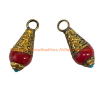 Tibetan Red Coral Resin Drop Charm Pendant with Repousse Brass Floral Caps & Blue Bead Accent - WM6515F-1