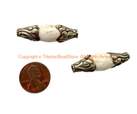 2 BEADS - Tibetan Ethnic Naga Conch Beads with Repousse Hand Carved Floral Detail Tibetan Silver Caps - B3241-2