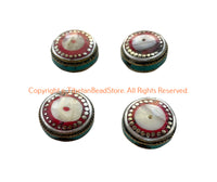 4 BEADS - Handmade Ethnic Tibetan Shell Beads with Turquoise & Coral Inlays - Reversible Disc Beads - B3412C-4